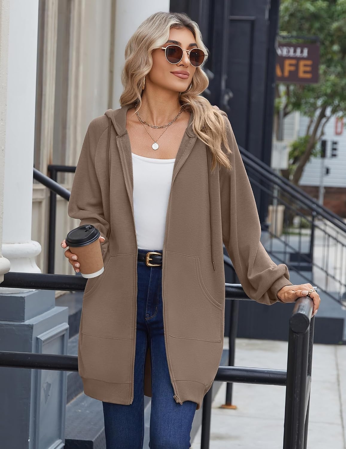 image:imageZeagoo Womens Zip Up Hoodies Long Sleeve Long Tunic Sweatshirts OversizedCoffee Grey
