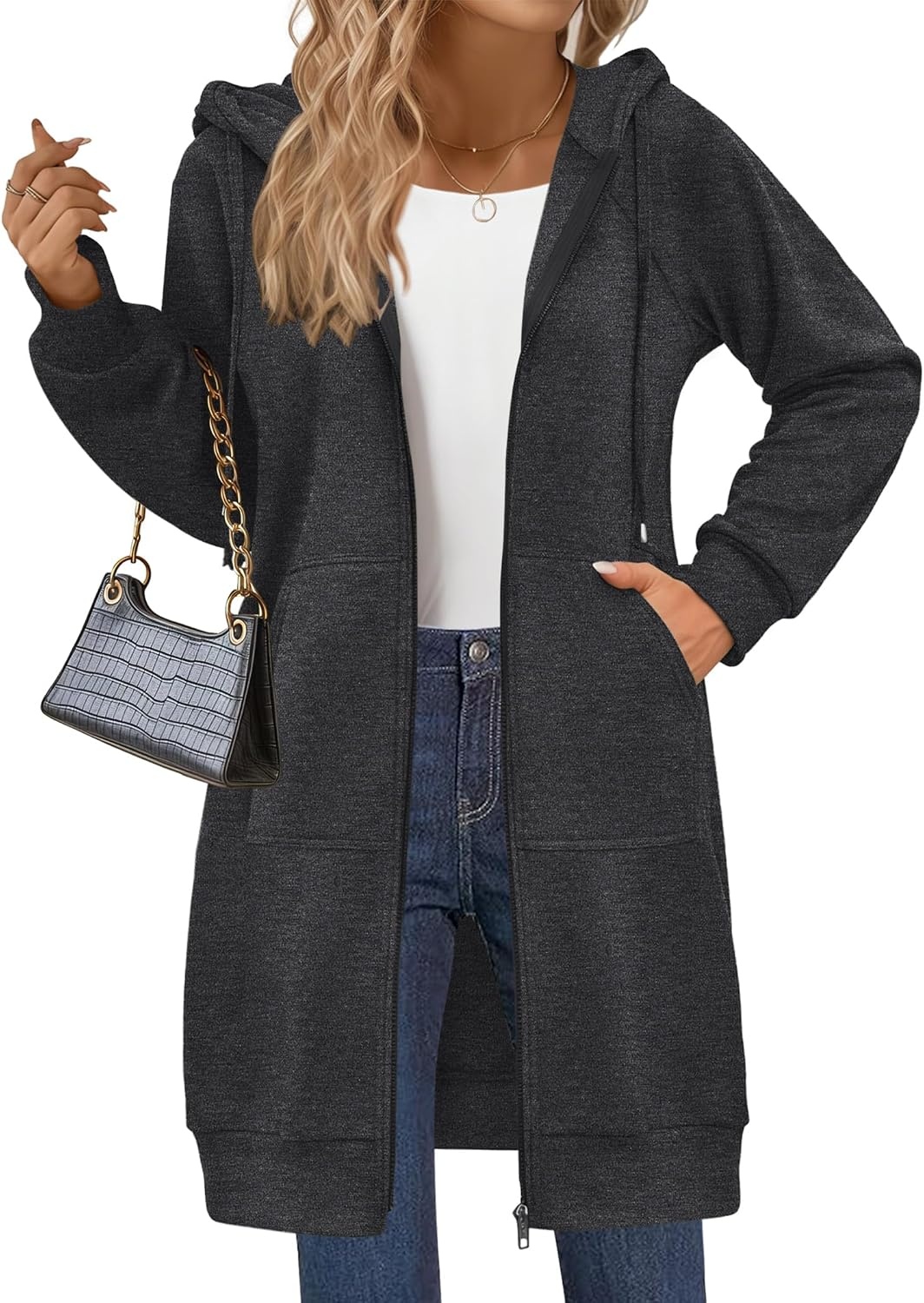 image:imageZeagoo Womens Zip Up Hoodies Long Sleeve Long Tunic Sweatshirts OversizedDark Grey