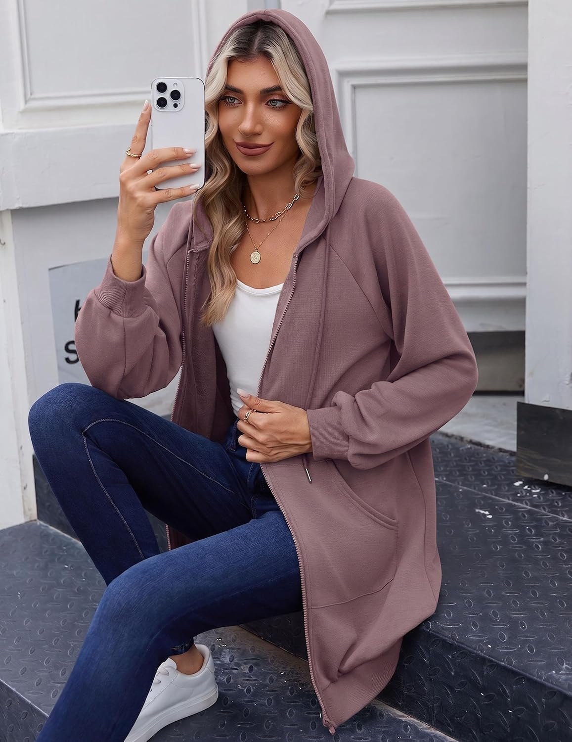 image:imageZeagoo Womens Zip Up Hoodies Long Sleeve Long Tunic Sweatshirts OversizedDusty Pink