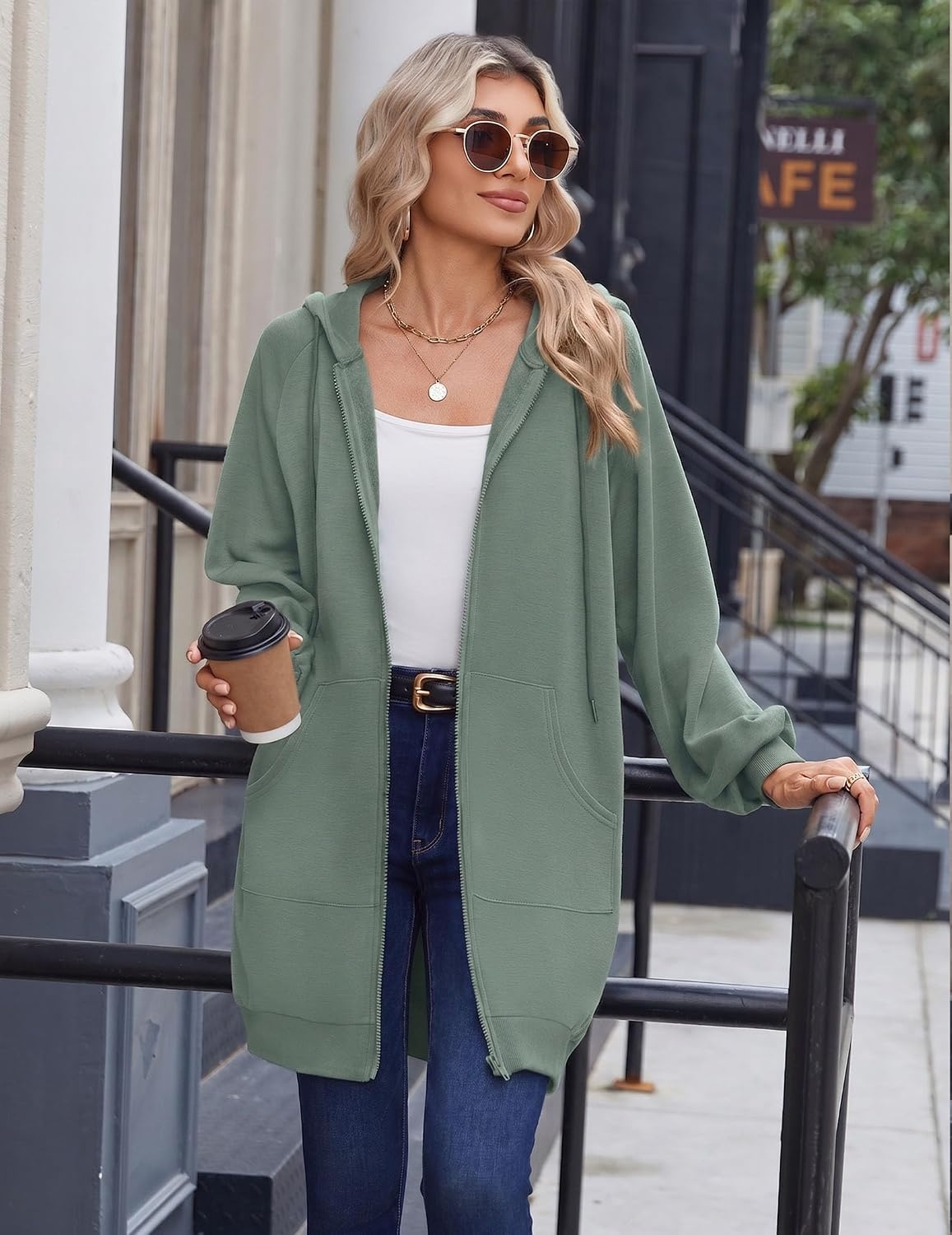 image:imageZeagoo Womens Zip Up Hoodies Long Sleeve Long Tunic Sweatshirts OversizedGrey Green