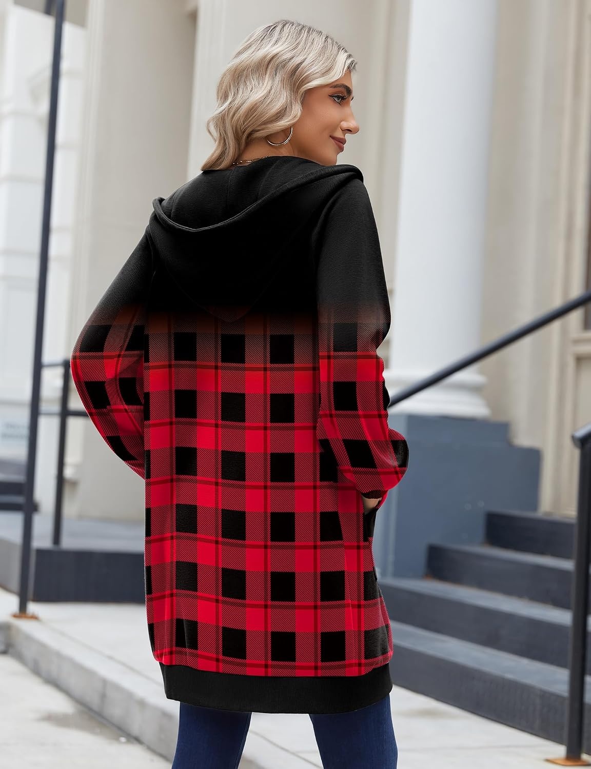 image:imageZeagoo Womens Zip Up Hoodies Long Sleeve Long Tunic Sweatshirts OversizedGrid Print