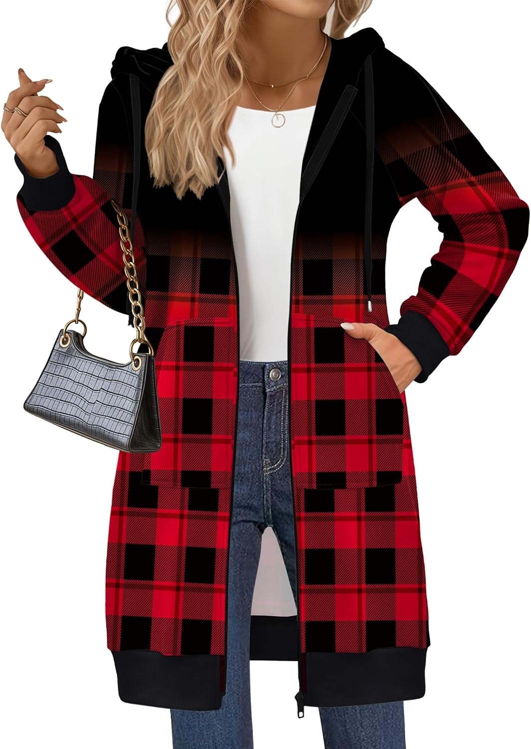 image:imageZeagoo Womens Zip Up Hoodies Long Sleeve Long Tunic Sweatshirts OversizedGrid Print