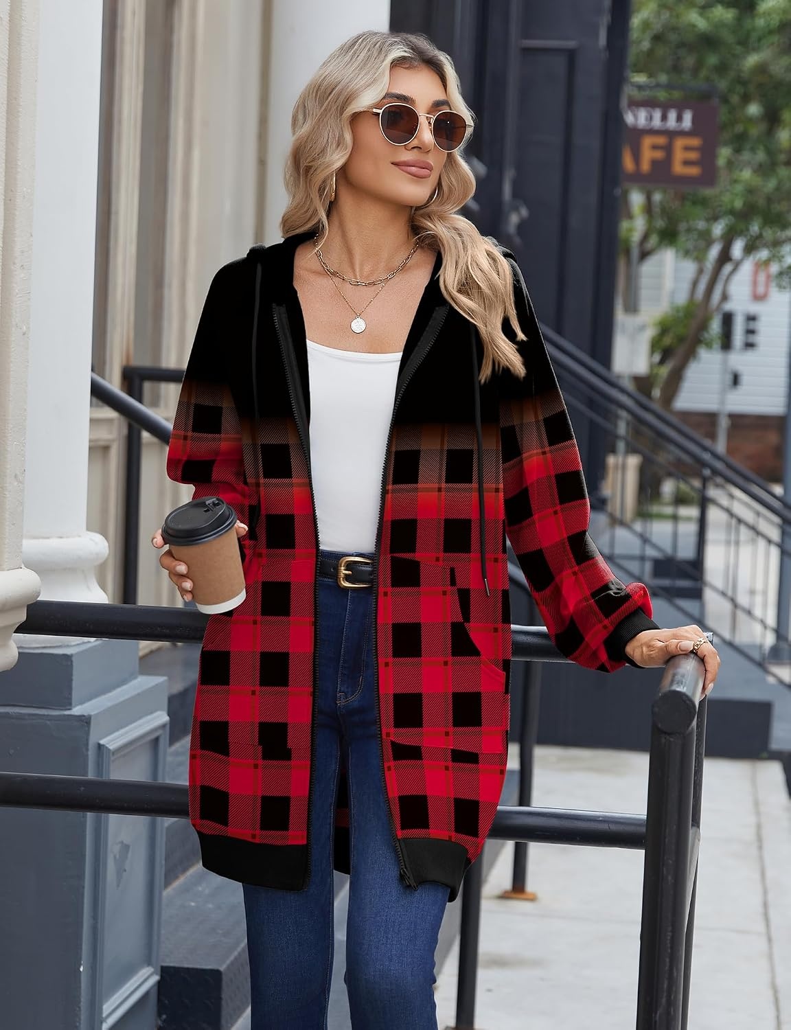 image:imageZeagoo Womens Zip Up Hoodies Long Sleeve Long Tunic Sweatshirts OversizedGrid Print