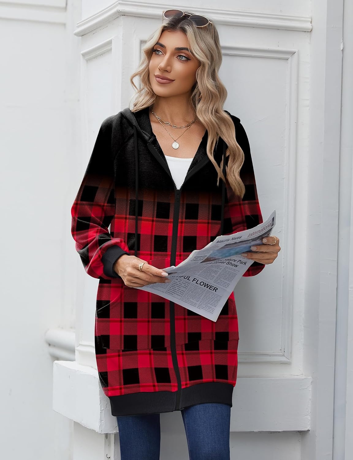 image:imageZeagoo Womens Zip Up Hoodies Long Sleeve Long Tunic Sweatshirts OversizedGrid Print