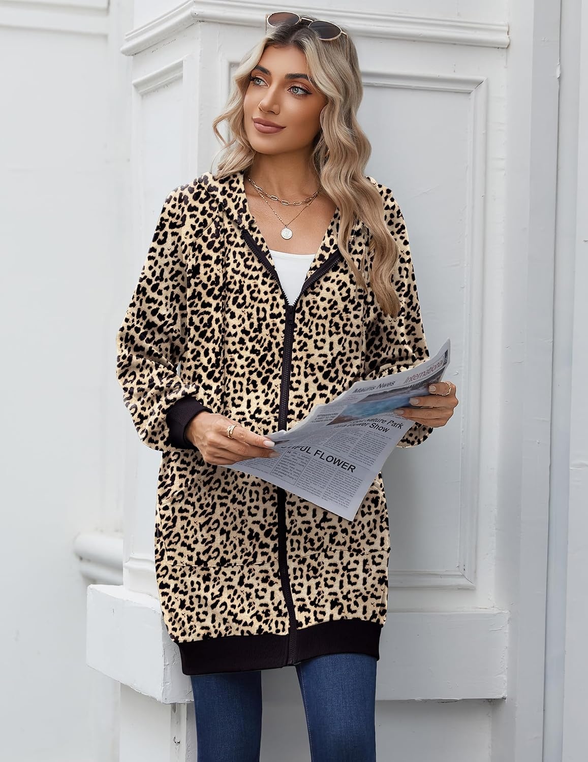 image:imageZeagoo Womens Zip Up Hoodies Long Sleeve Long Tunic Sweatshirts OversizedLeopard Print