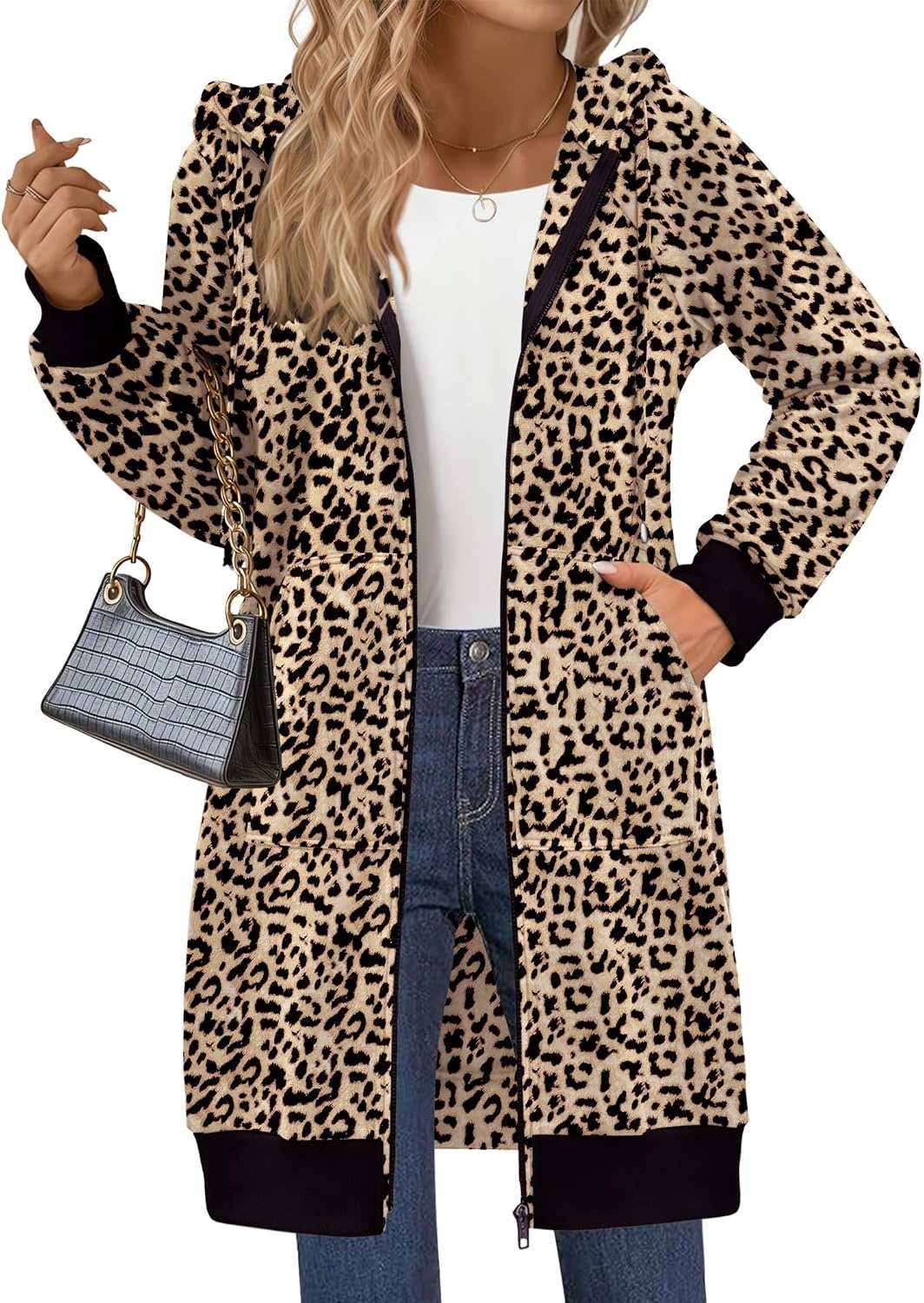 image:imageZeagoo Womens Zip Up Hoodies Long Sleeve Long Tunic Sweatshirts OversizedLeopard Print