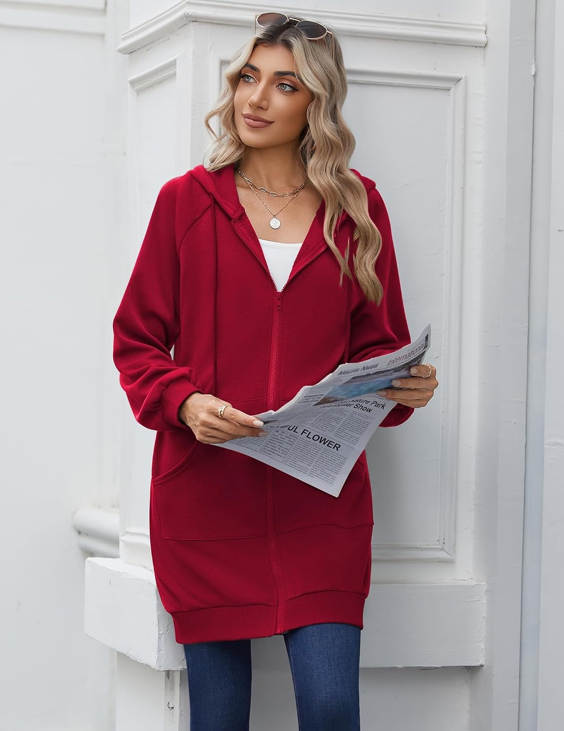 image:imageZeagoo Womens Zip Up Hoodies Long Sleeve Long Tunic Sweatshirts OversizedRed