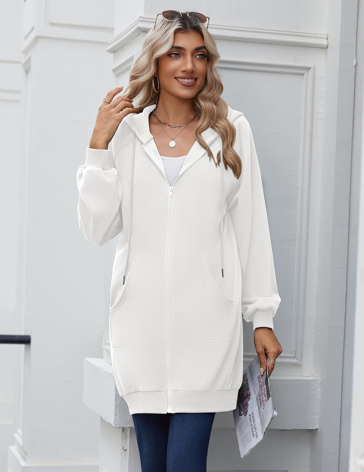 image:imageZeagoo Womens Zip Up Hoodies Long Sleeve Long Tunic Sweatshirts OversizedWhite