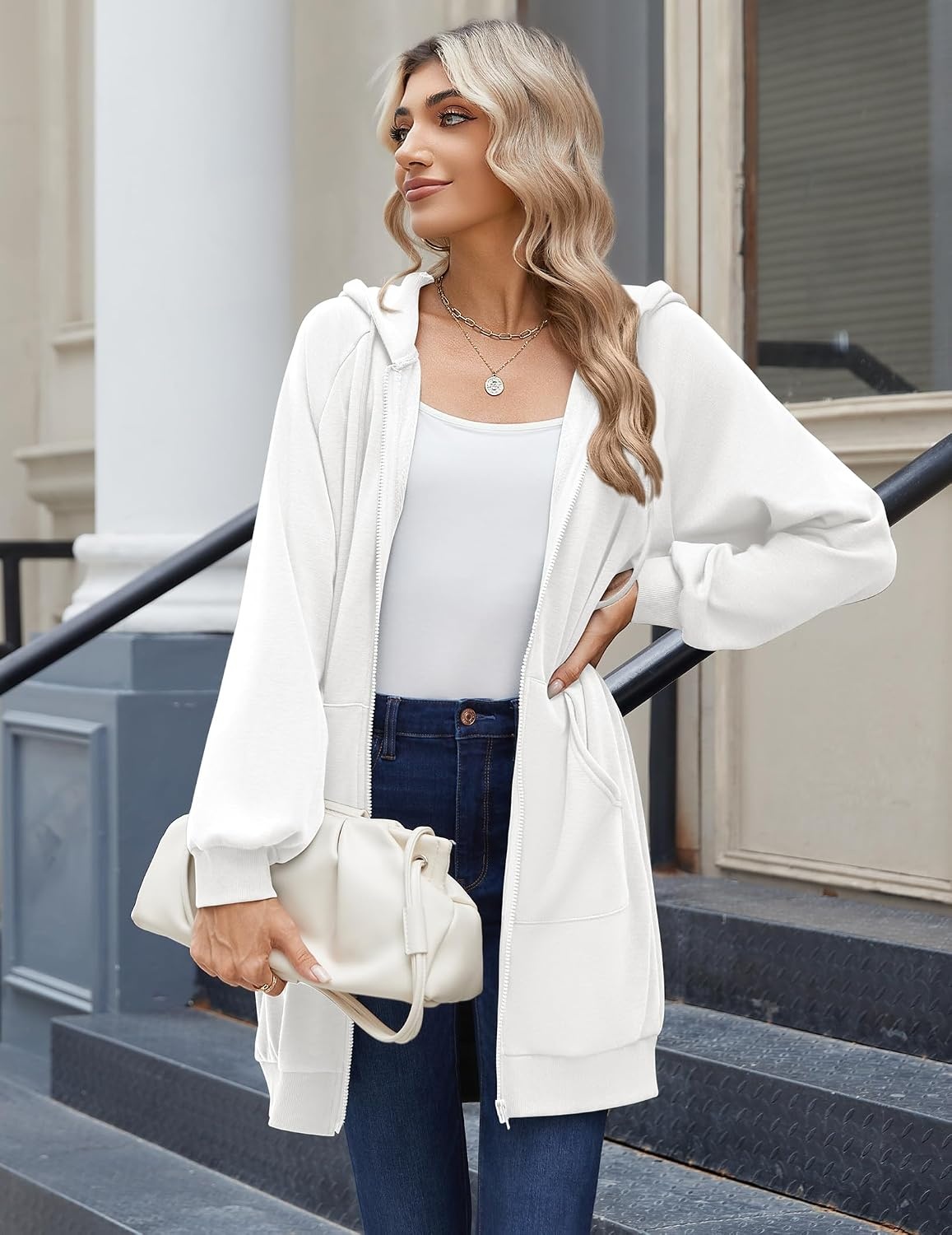 image:imageZeagoo Womens Zip Up Hoodies Long Sleeve Long Tunic Sweatshirts OversizedWhite