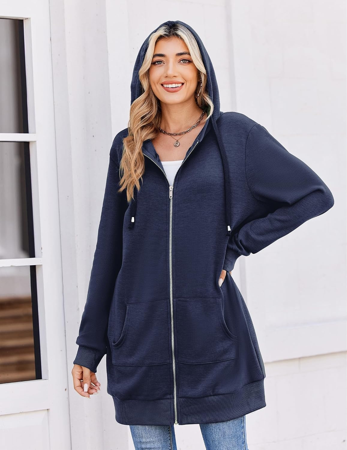 image:imageZeagoo Womens Zip Up Hoodies Long Tunic Sweatshirts Oversized Fleece Casual Long Sleeve 2026 Fall Hoodie Jacket CoatSolid Navy