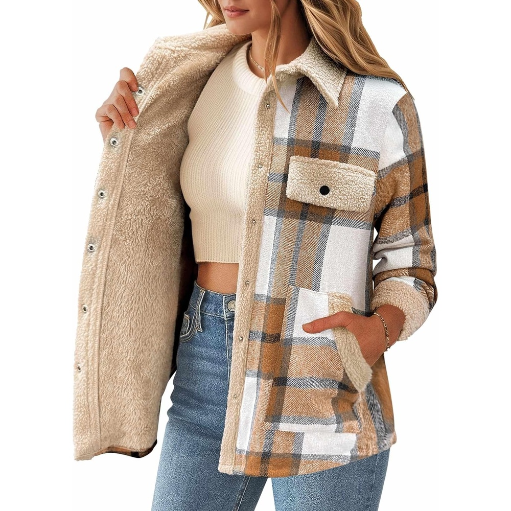 image:imageZEAGOO Womens Flannel Jacket Fleece Lined Shacket Fall Outfits Plaid SherpaApricot