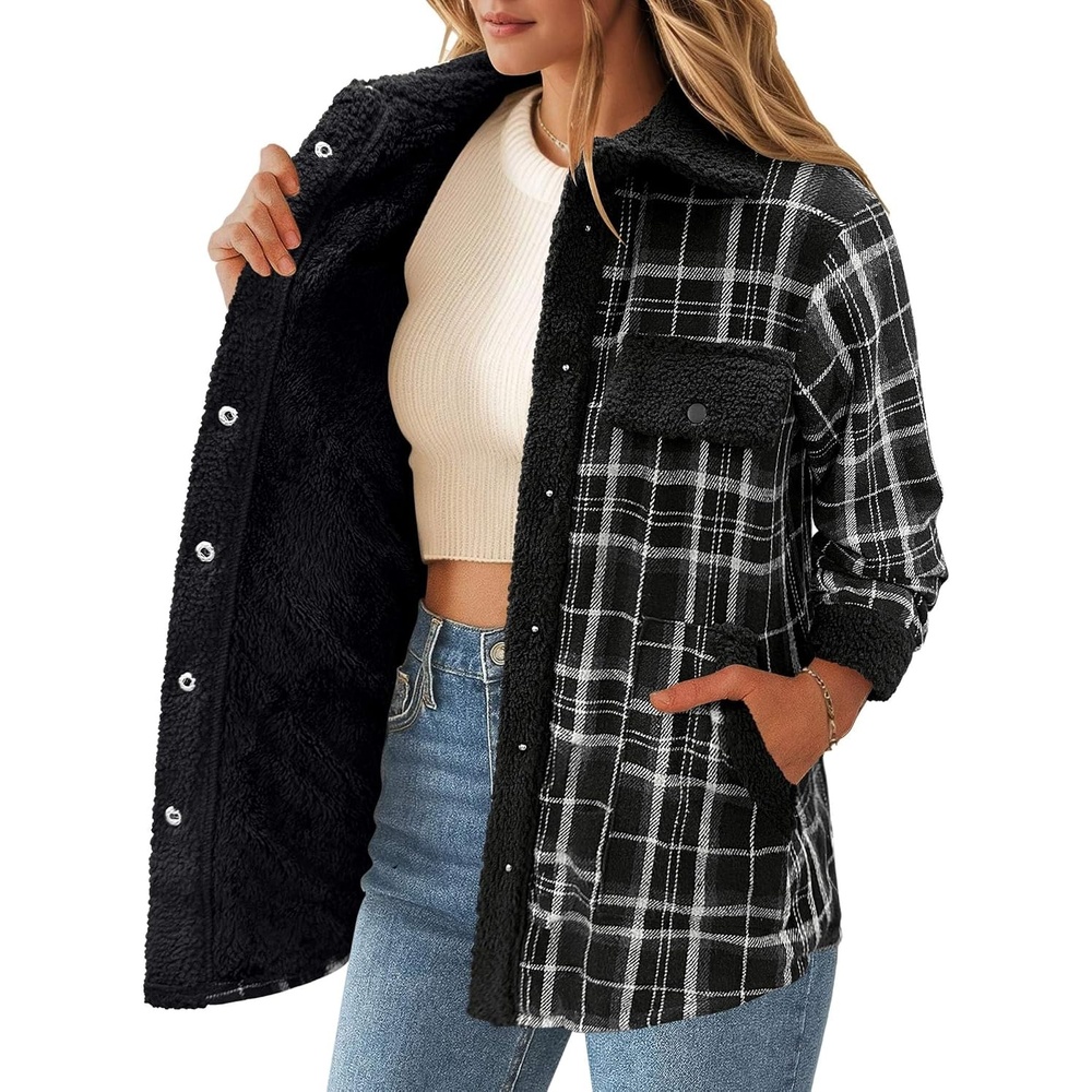 image:imageZEAGOO Womens Flannel Jacket Fleece Lined Shacket Fall Outfits Plaid SherpaBlack