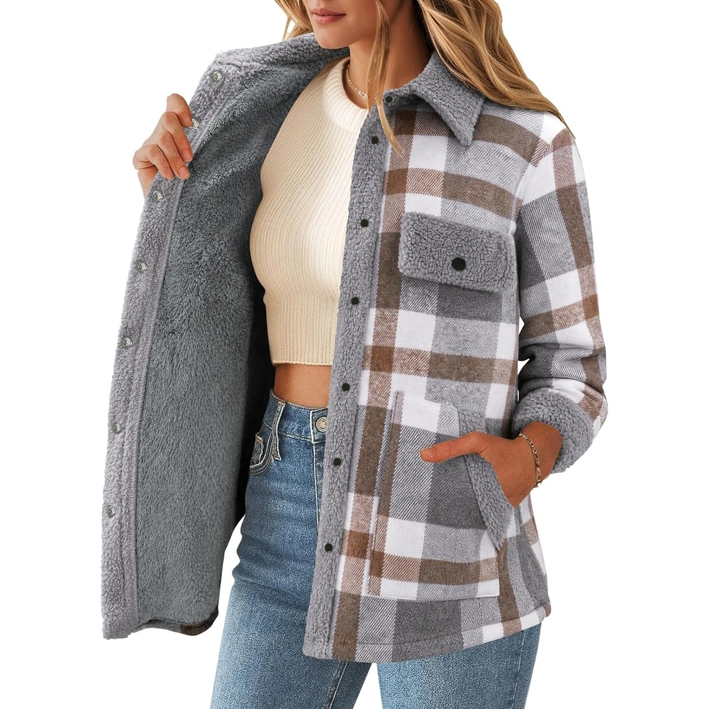image:imageZEAGOO Womens Flannel Jacket Fleece Lined Shacket Fall Outfits Plaid SherpaGrey