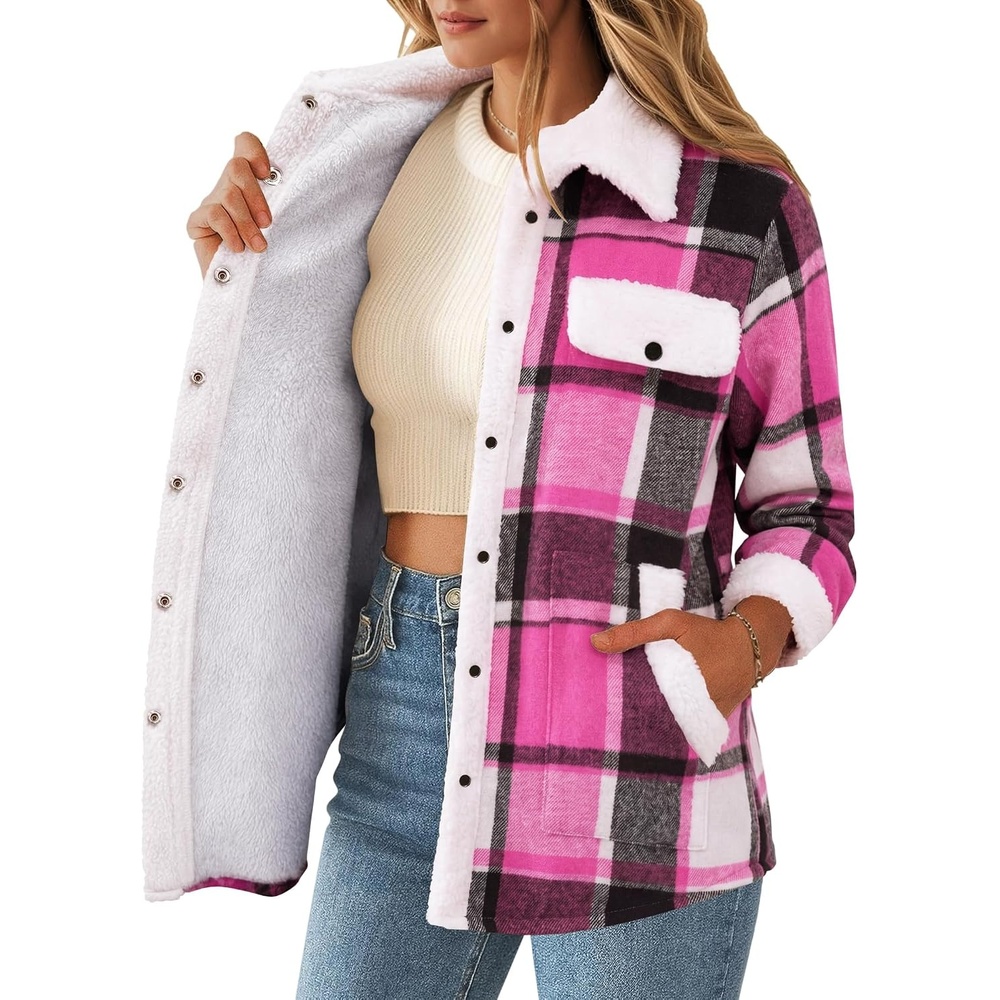 image:imageZEAGOO Womens Flannel Jacket Fleece Lined Shacket Fall Outfits Plaid SherpaHot Pink