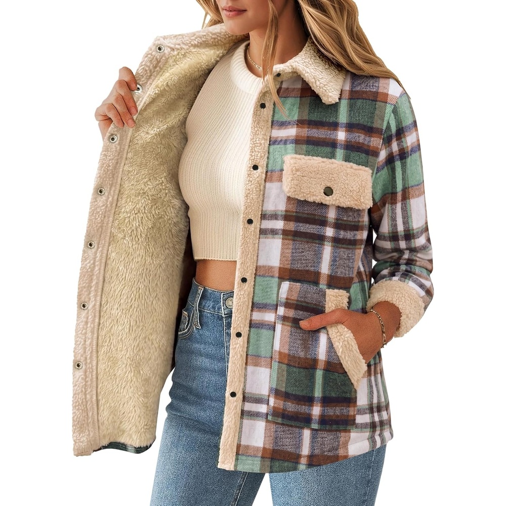 image:imageZEAGOO Womens Flannel Jacket Fleece Lined Shacket Fall Outfits Plaid SherpaLight Green