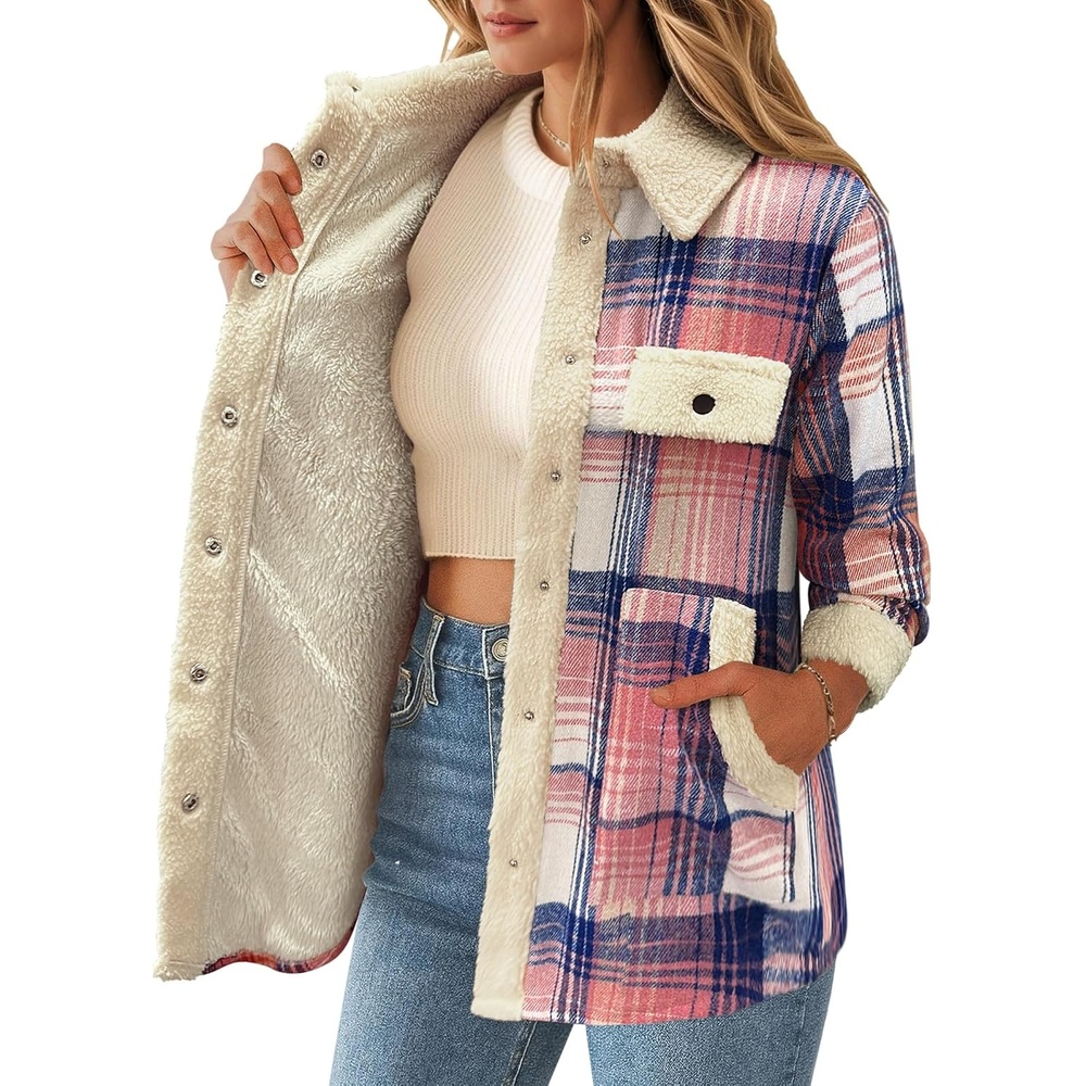 image:imageZEAGOO Womens Flannel Jacket Fleece Lined Shacket Fall Outfits Plaid SherpaPink