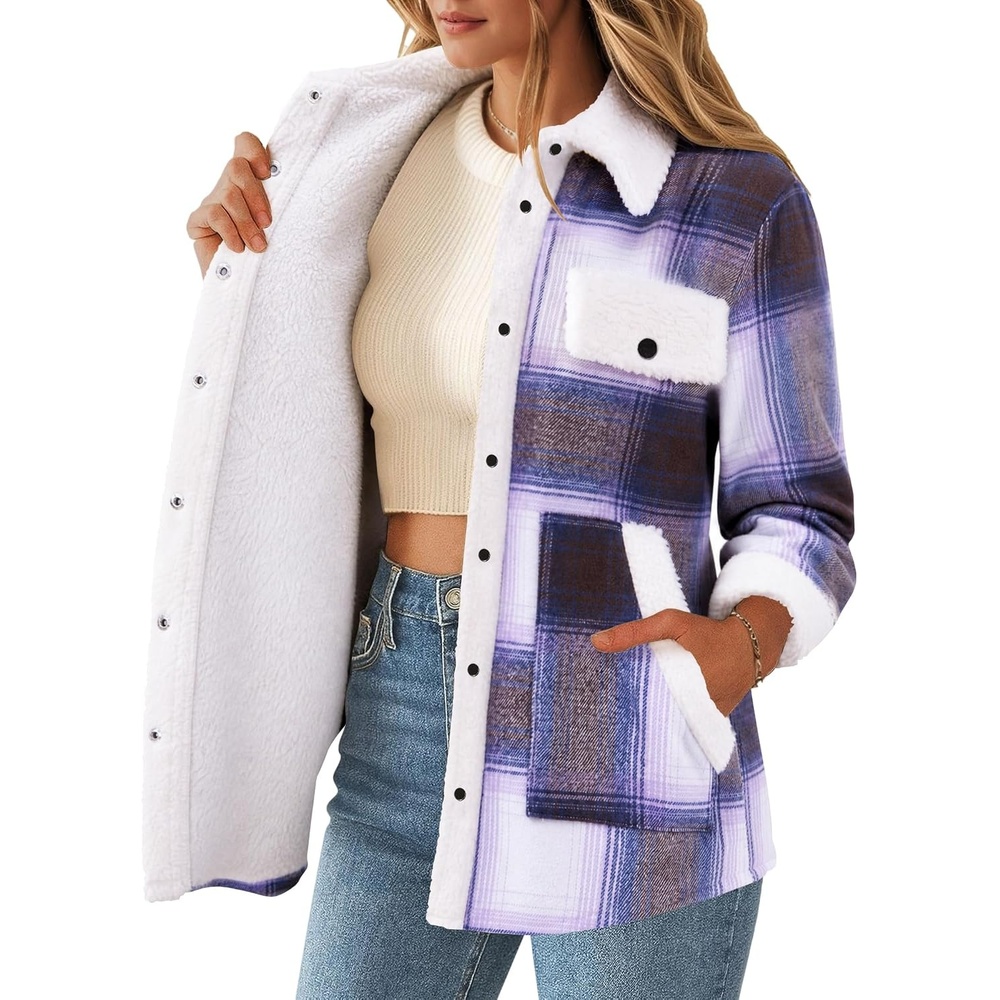 image:imageZEAGOO Womens Flannel Jacket Fleece Lined Shacket Fall Outfits Plaid SherpaPurple