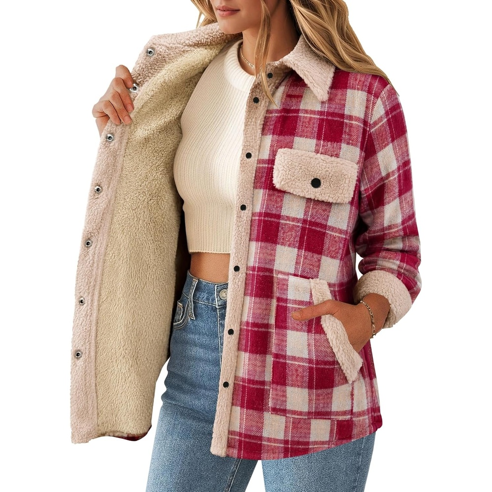 image:imageZEAGOO Womens Flannel Jacket Fleece Lined Shacket Fall Outfits Plaid SherpaRed
