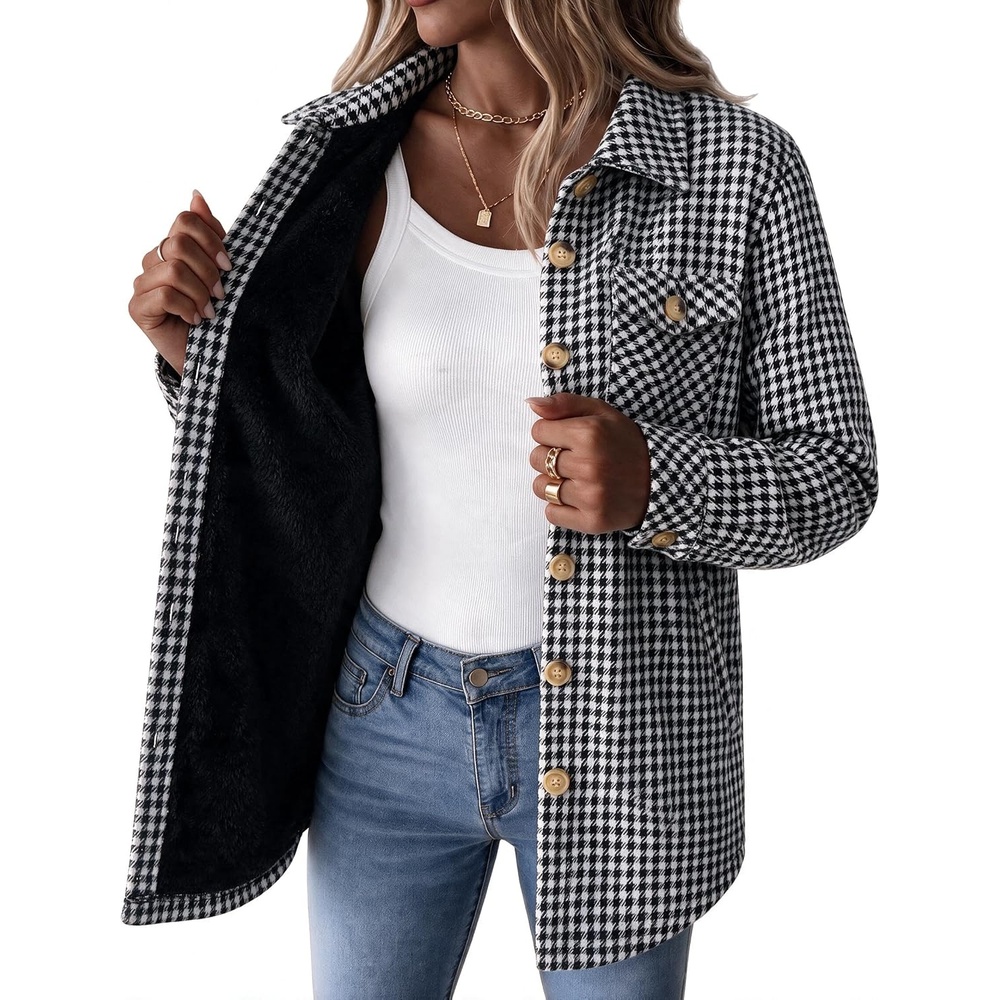 image:imageZeagoo Flannel Jacket for Women Sherpa Fleece Lined Winter Plaid CoatsBlack White Houndstooth