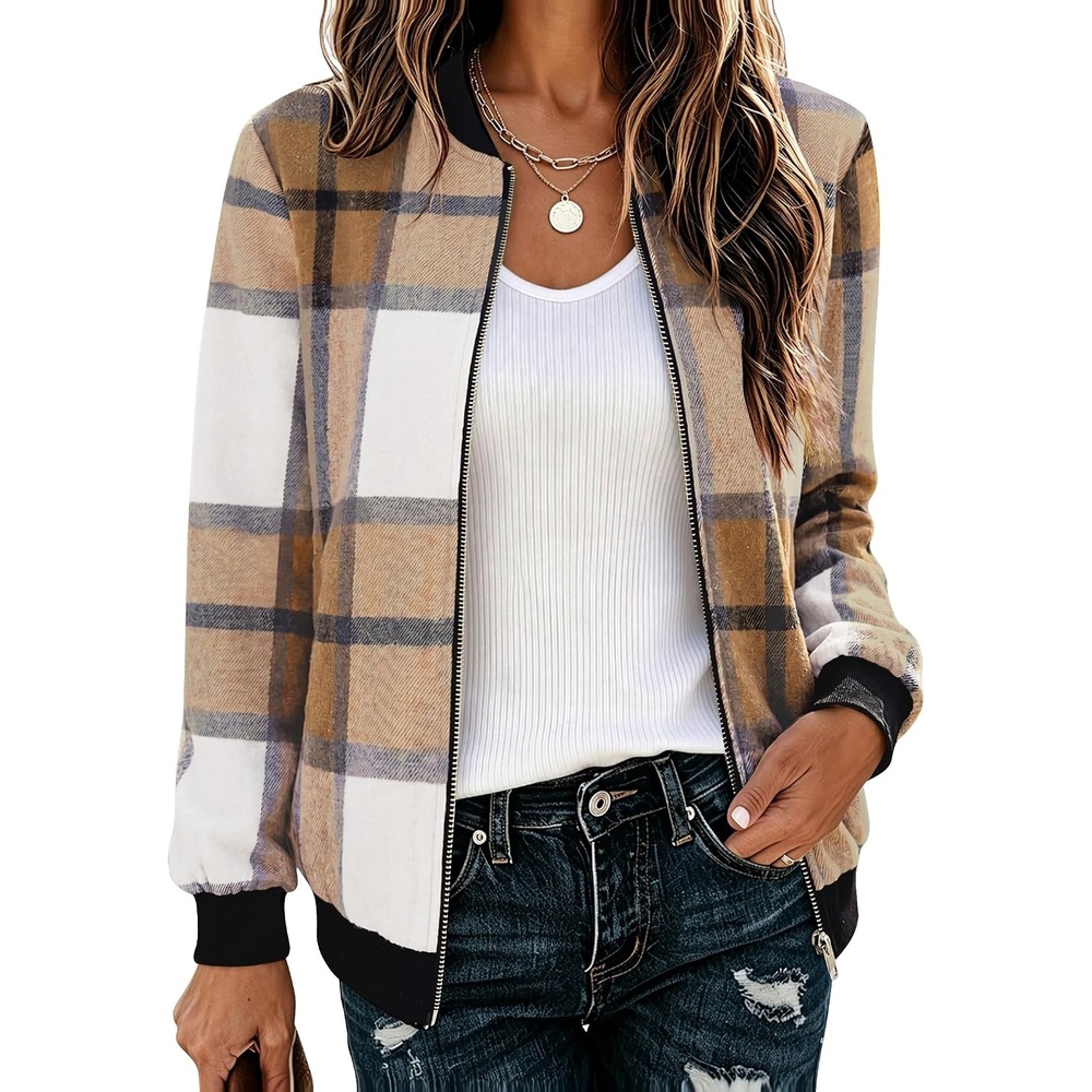 image:imageZeagoo Jackets for Women 2026 Lightweight Bomber Jacket Plaid Flannel CoatBrown Plaid Gz554