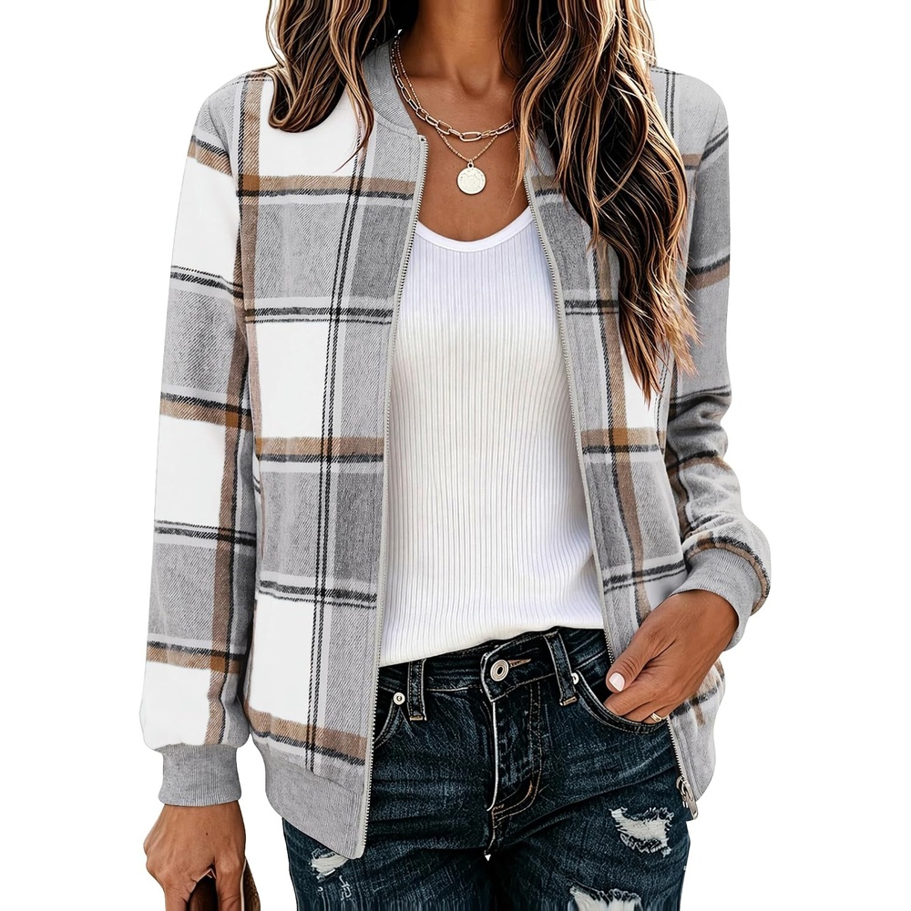image:imageZeagoo Jackets for Women 2026 Lightweight Bomber Jacket Plaid Flannel CoatGrey Plaid Gw568