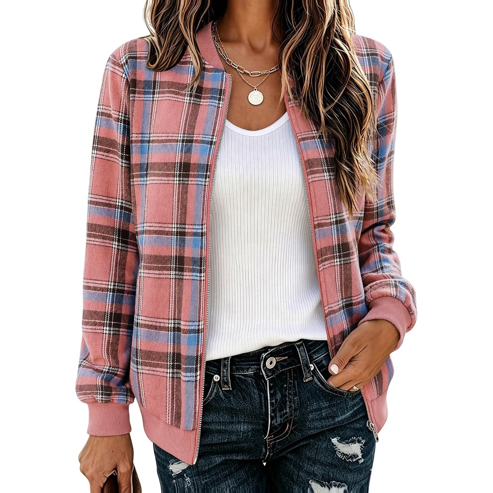 image:imageZeagoo Jackets for Women 2026 Lightweight Bomber Jacket Plaid Flannel CoatPink Blue Plaid Gw571