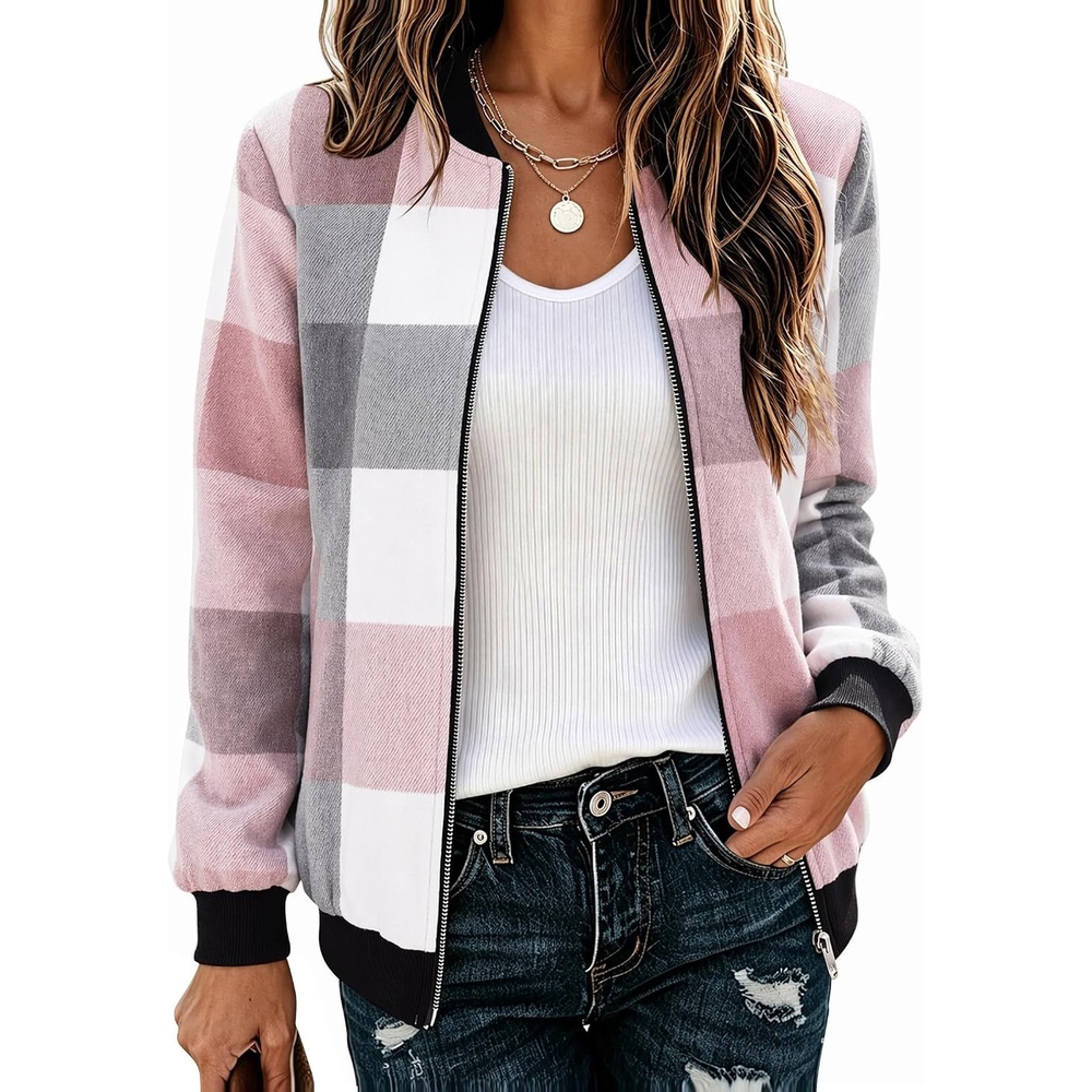 image:imageZeagoo Jackets for Women 2026 Lightweight Bomber Jacket Plaid Flannel CoatPink Grey Plaid Gz695