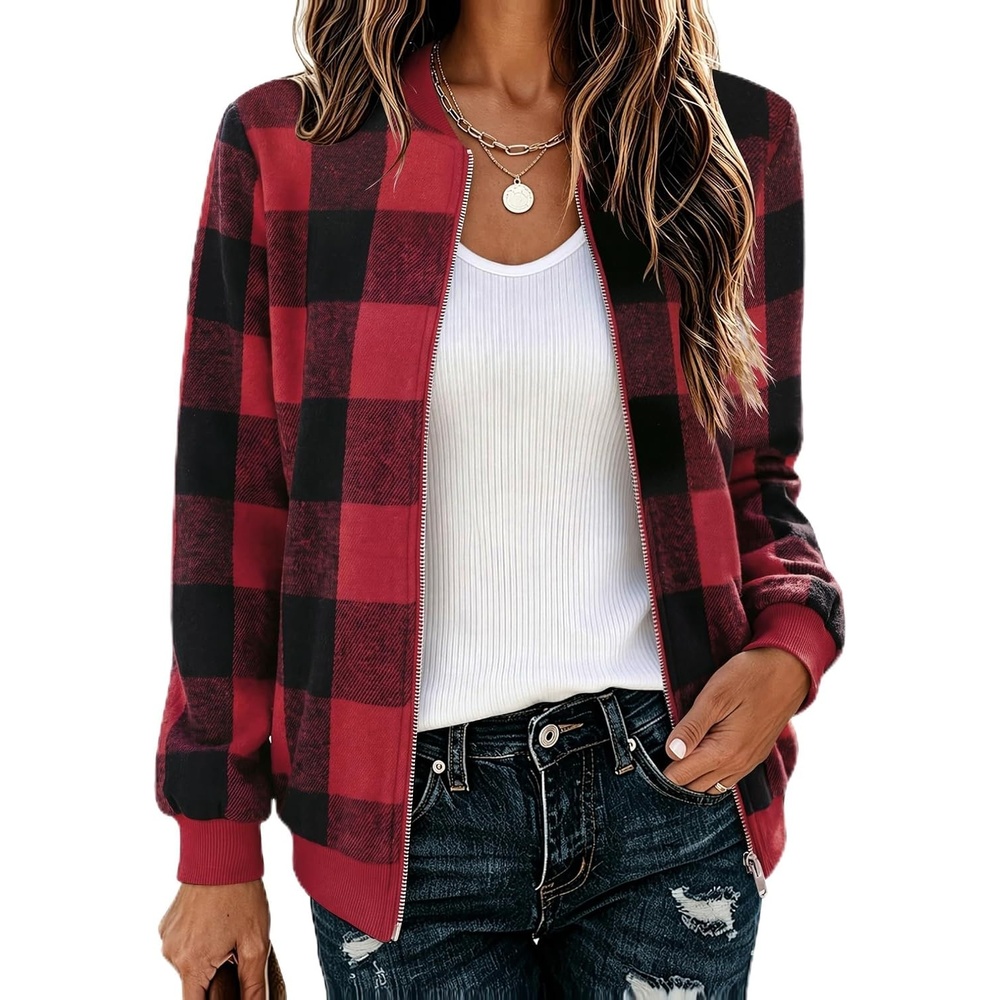 image:imageZeagoo Jackets for Women 2026 Lightweight Bomber Jacket Plaid Flannel CoatRed and Black Plaid Gz875
