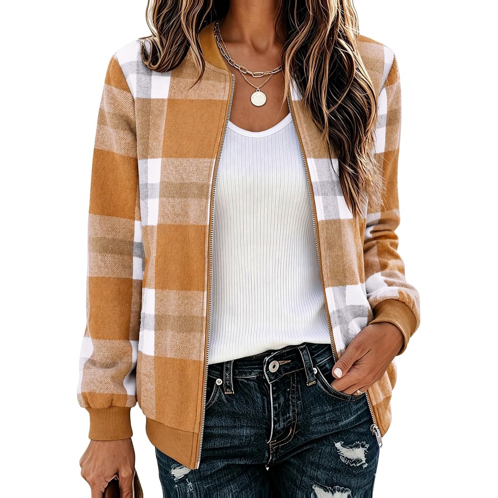 image:imageZeagoo Jackets for Women 2026 Lightweight Bomber Jacket Plaid Flannel CoatYellow Plaid Gw578