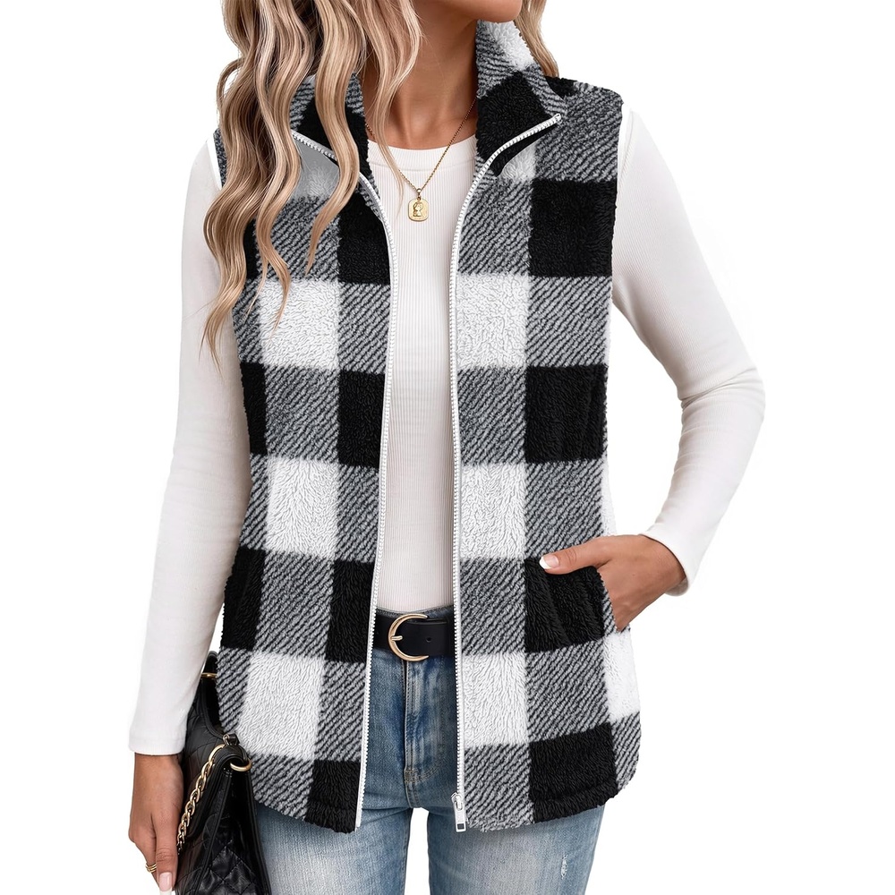 image:imageZeagoo Vest For Women Sleeveless Sherpa Fleece Jackets Zip Up Fall CoatsBlack White Plaid