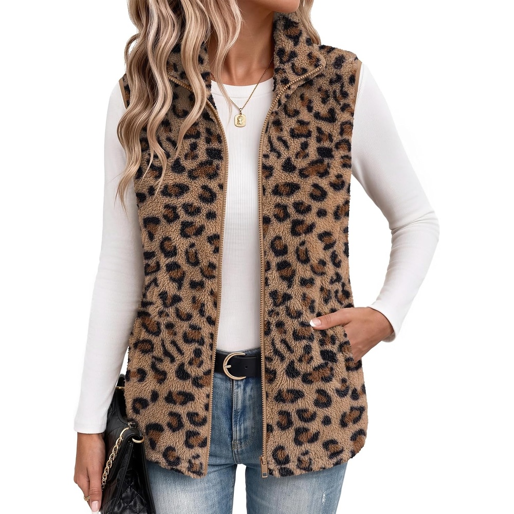 image:imageZeagoo Vest For Women Sleeveless Sherpa Fleece Jackets Zip Up Fall CoatsBrown Leopard