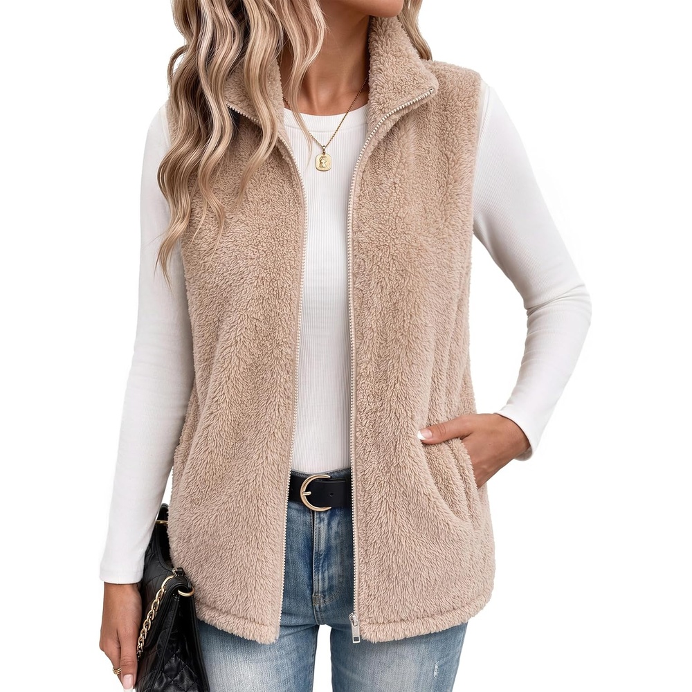 image:imageZeagoo Vest For Women Sleeveless Sherpa Fleece Jackets Zip Up Fall CoatsKhaki