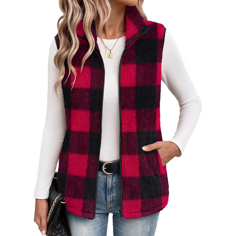 image:imageZeagoo Vest For Women Sleeveless Sherpa Fleece Jackets Zip Up Fall CoatsRed White Plaid