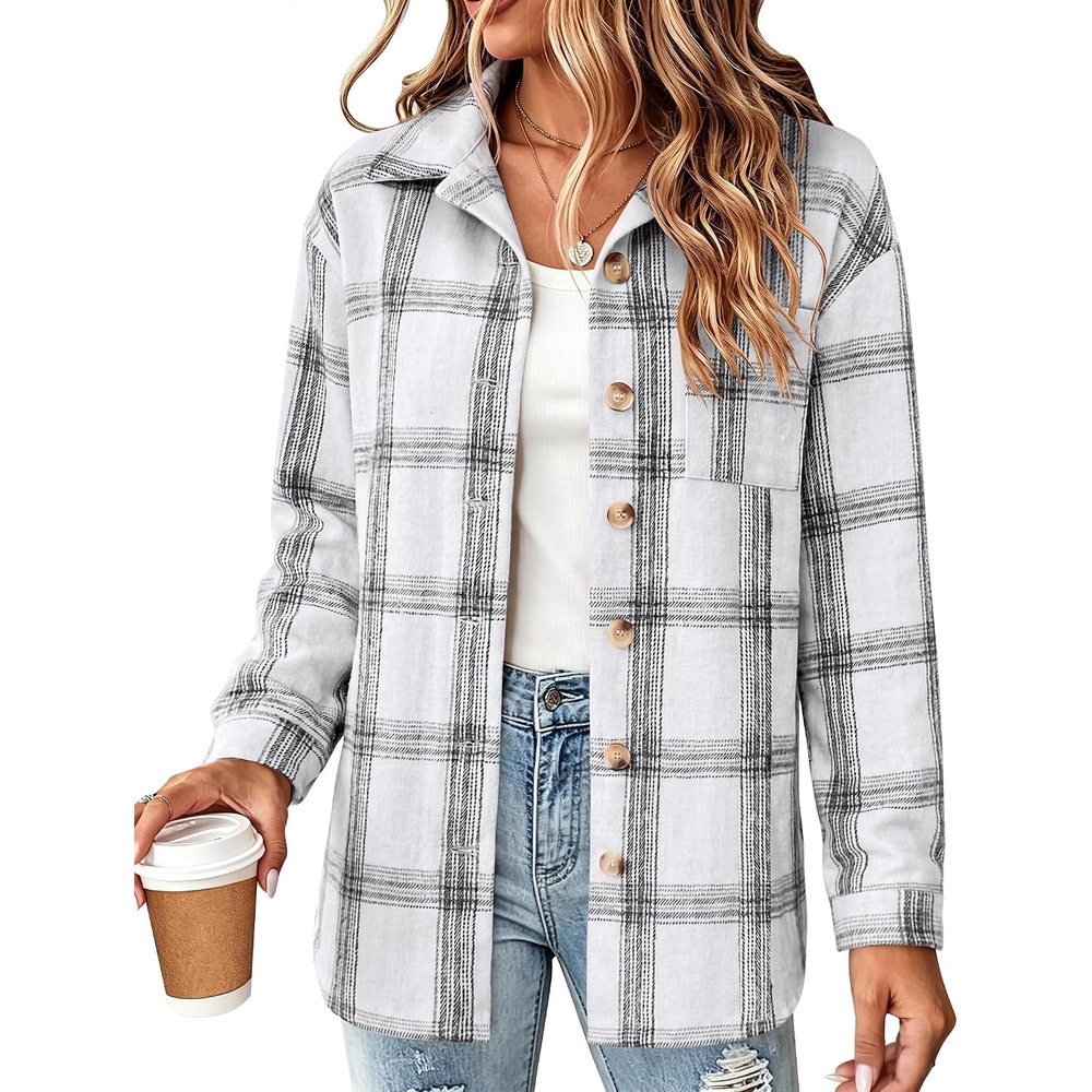 image:imageZeagoo Women Flannel Shacket Jacket Plaid Button Down Long Sleeve ShirtBlack Whitegw40
