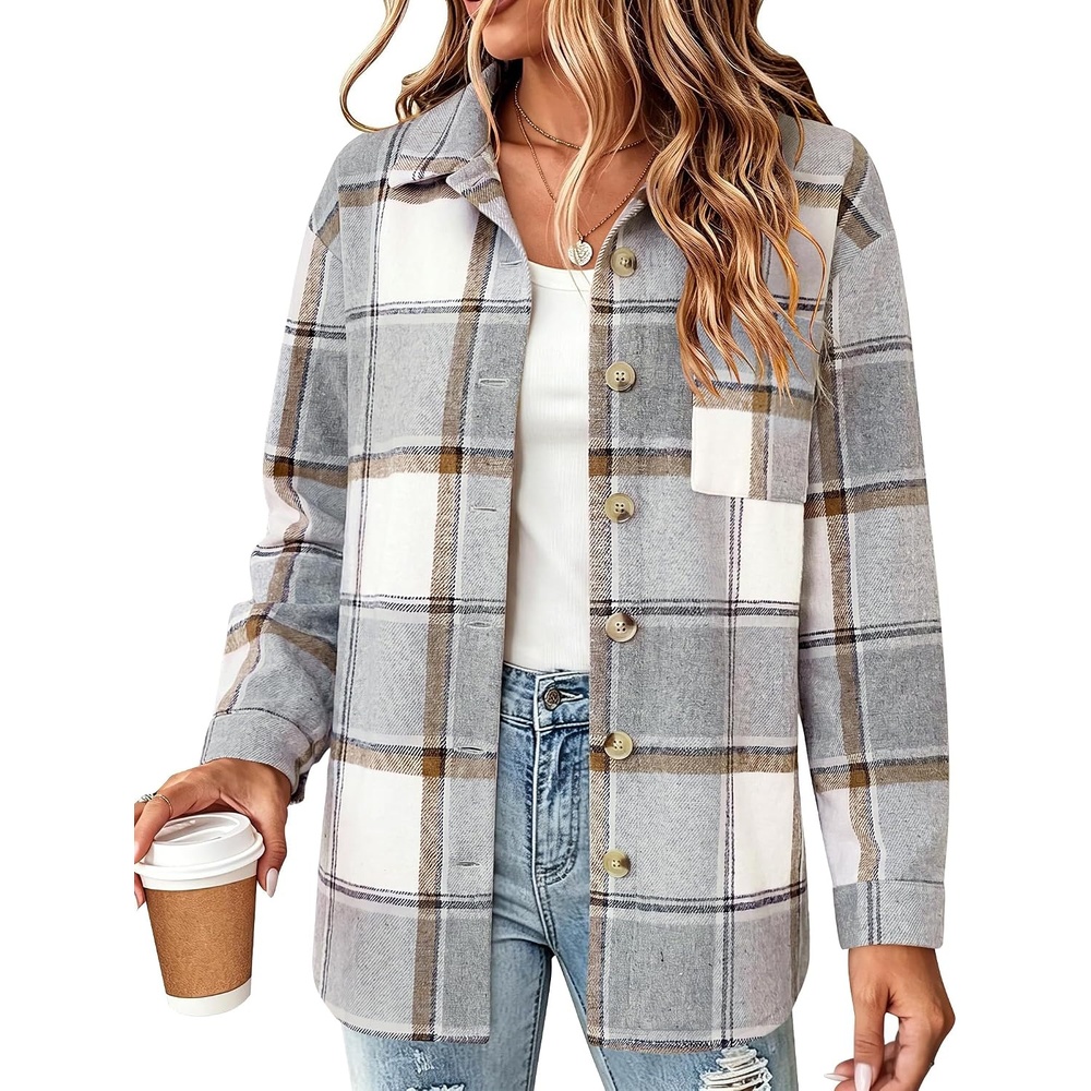image:imageZeagoo Women Flannel Shacket Jacket Plaid Button Down Long Sleeve ShirtGreygw568