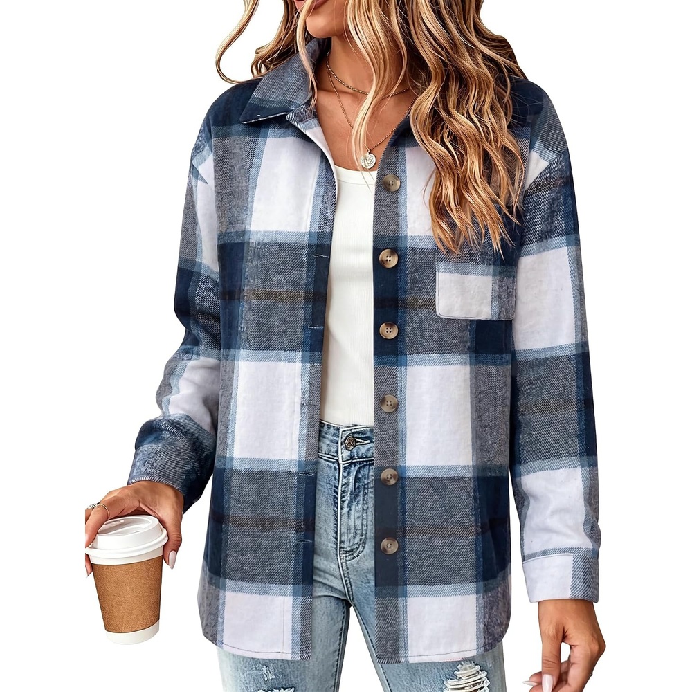 image:imageZeagoo Women Flannel Shacket Jacket Plaid Button Down Long Sleeve ShirtNavy Plaidgz547
