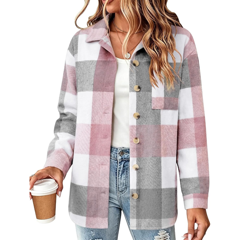 image:imageZeagoo Women Flannel Shacket Jacket Plaid Button Down Long Sleeve ShirtPink Greygz695