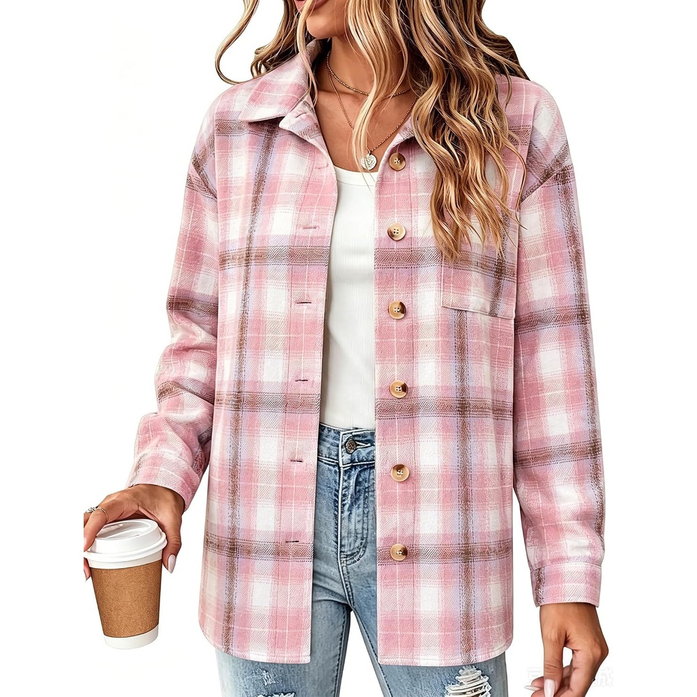 image:imageZeagoo Women Flannel Shacket Jacket Plaid Button Down Long Sleeve ShirtPinkgz854