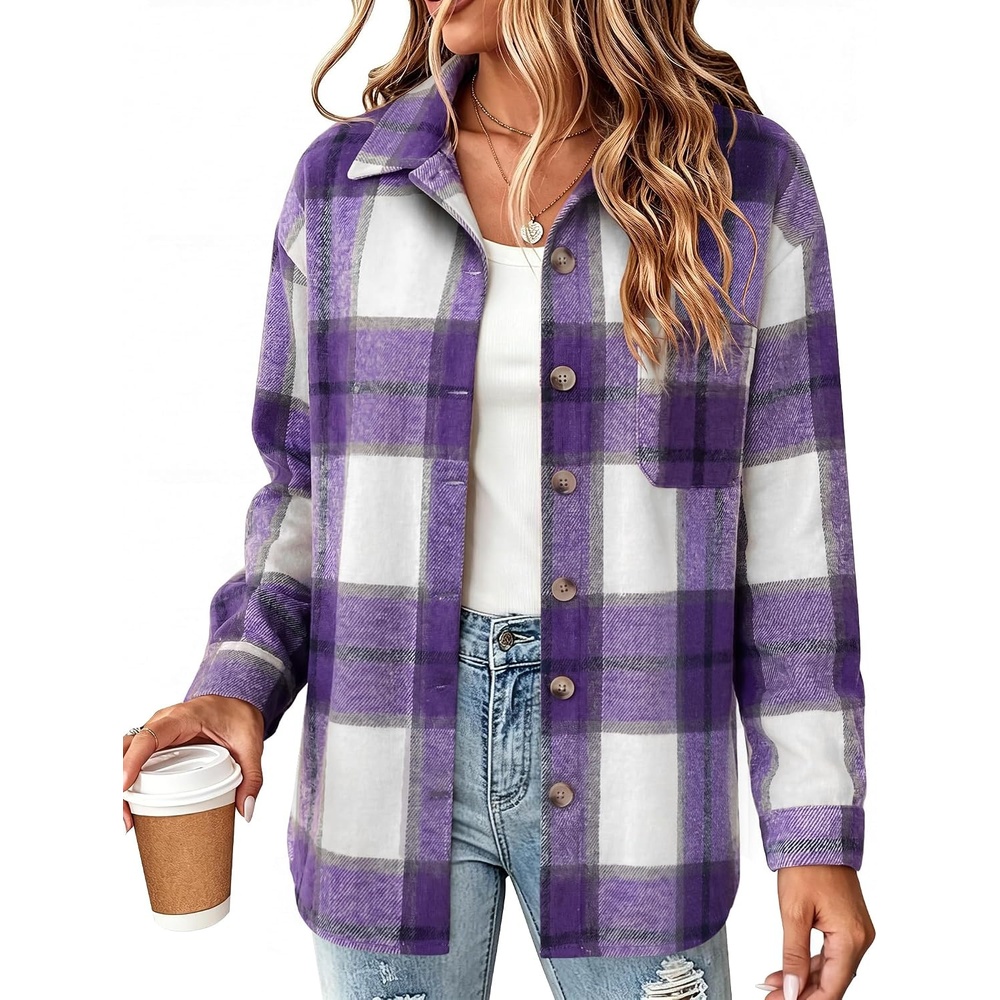 image:imageZeagoo Women Flannel Shacket Jacket Plaid Button Down Long Sleeve ShirtPurplegz680