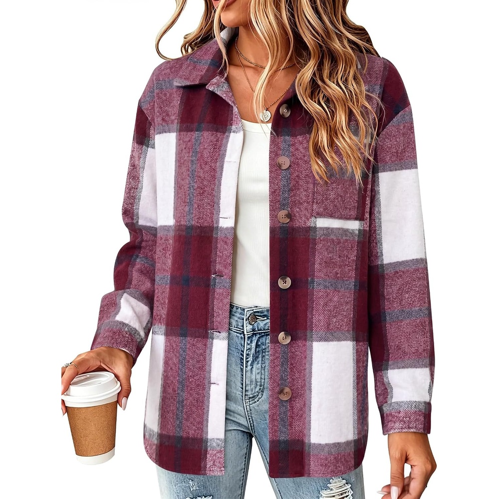 image:imageZeagoo Women Flannel Shacket Jacket Plaid Button Down Long Sleeve ShirtRed Plaidgz543