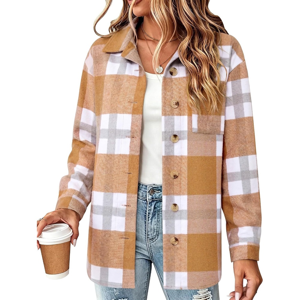 image:imageZeagoo Women Flannel Shacket Jacket Plaid Button Down Long Sleeve ShirtYellowgw578