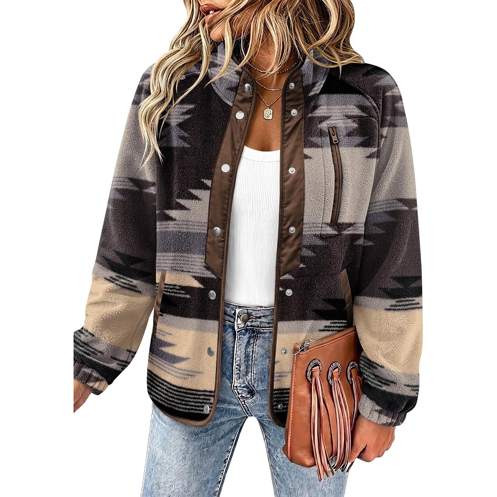 image:imageZeagoo Women Fleece Jacket Western Aztec Print Snap Button Down OuterwearGray Pattern