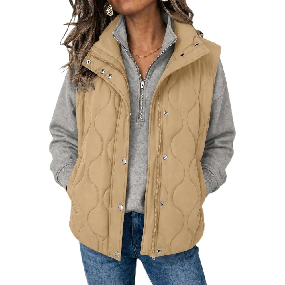 image:imageZeagoo Women Oversized Puffer Vest Stand Collar Zip Up Sleeveless OuterwearLight Khaki