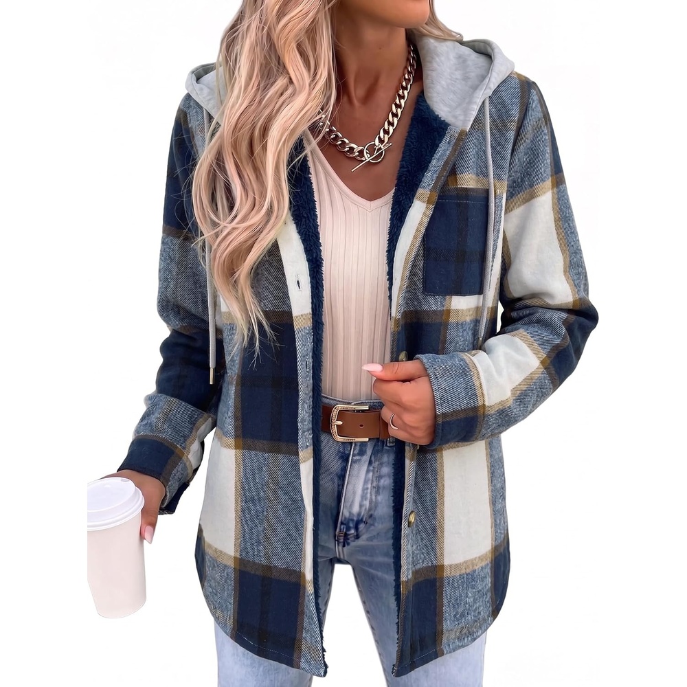 image:imageZeagoo Women Plaid Shacket Fleece Hooded Winter Coat Warm JacketsBlue