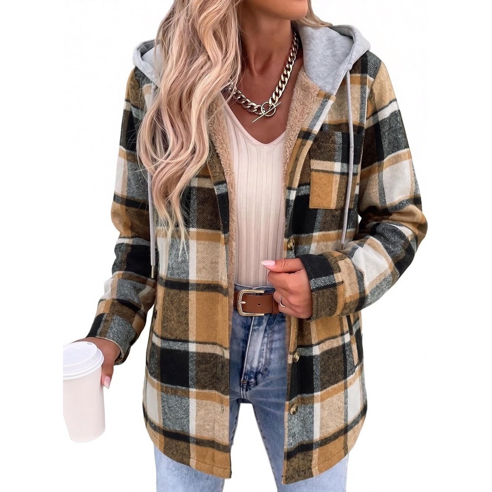 image:imageZeagoo Women Plaid Shacket Fleece Hooded Winter Coat Warm JacketsCoffee