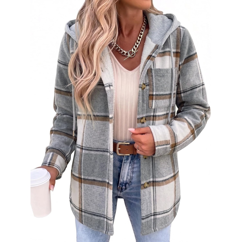 image:imageZeagoo Women Plaid Shacket Fleece Hooded Winter Coat Warm JacketsGrey02