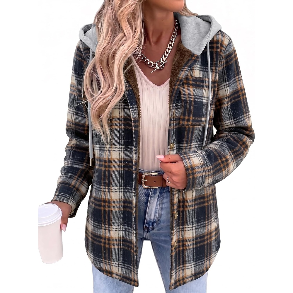 image:imageZeagoo Women Plaid Shacket Fleece Hooded Winter Coat Warm JacketsNavy Blue