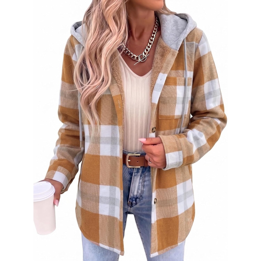 image:imageZeagoo Women Plaid Shacket Fleece Hooded Winter Coat Warm JacketsOrange