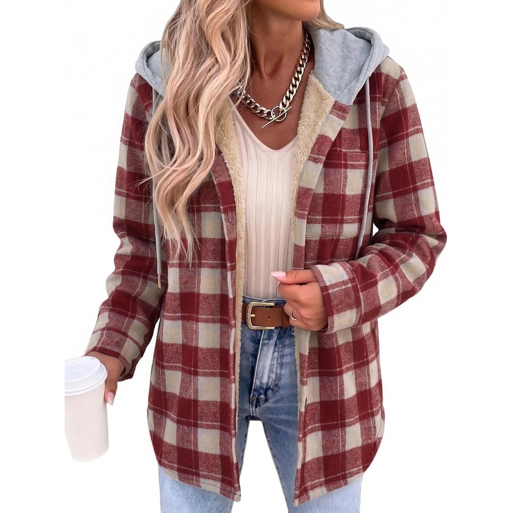 image:imageZeagoo Women Plaid Shacket Fleece Hooded Winter Coat Warm JacketsRed