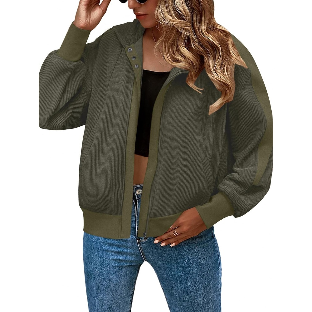 image:imageZeagoo Womens Corduroy Knit Hoodies Zip Up Shirt Jacket Slouchy Short Jackets Casual Long Sleeve Shackets